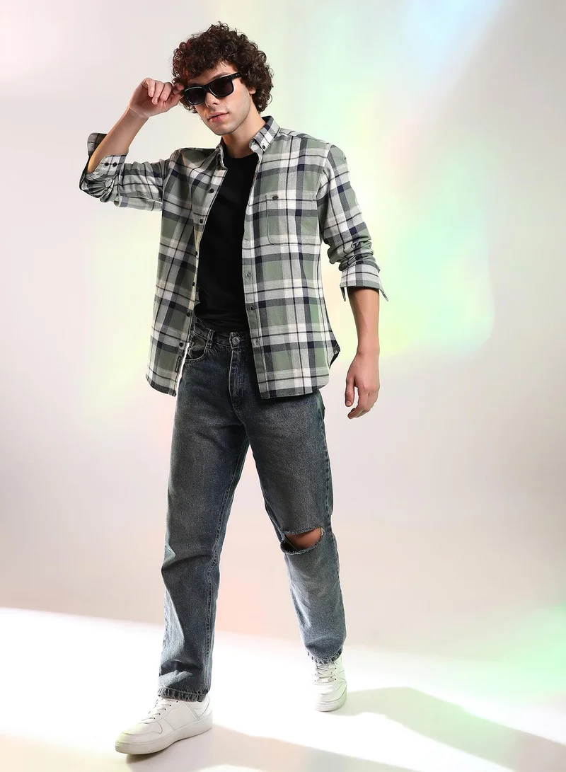 كامبوس سوترا Men's Sage Green Shadow-Checkered Shirt