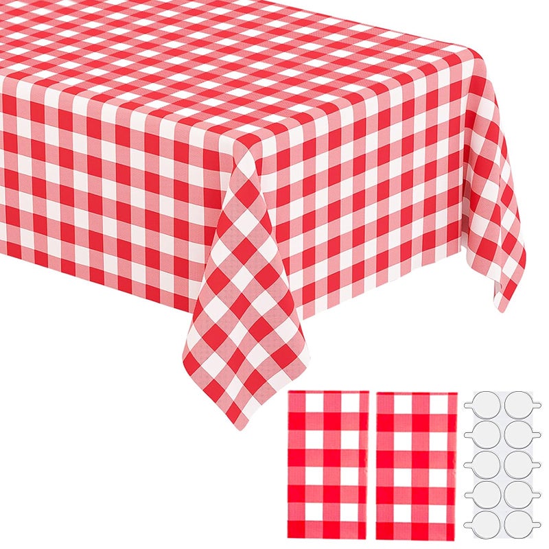 KAshack 2 Pack Red Gingham Tablecloth 108 x 54 Rectangular Red and White Checkered Tablecloths Disposable Red Plaid Table Cloth for Camping Birthday Picnic Christmas Weddingwith Stickers - Image 2
