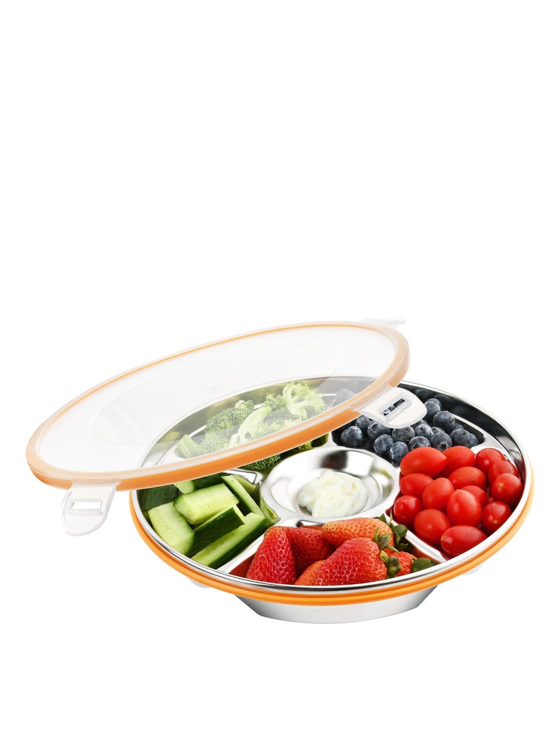 SYOSI Divided Serving Tray with Lid, 10in Snack Tray with Lid, Leak Proof Veggie Tray with Lid, Vegetable Tray with Lid with Stainless Steel 6 Compartments, Fruit Platter Tray for Party (60 oz) - Image 1