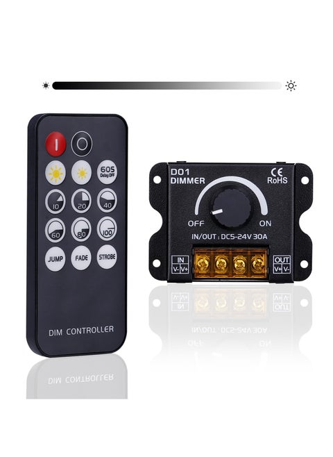 DC 5V to 24V 30A RF LED Light Strip Dimmer, PWM Dimming Controller for LED Strip Lights, Wireless or Knob Brightness Adjustment