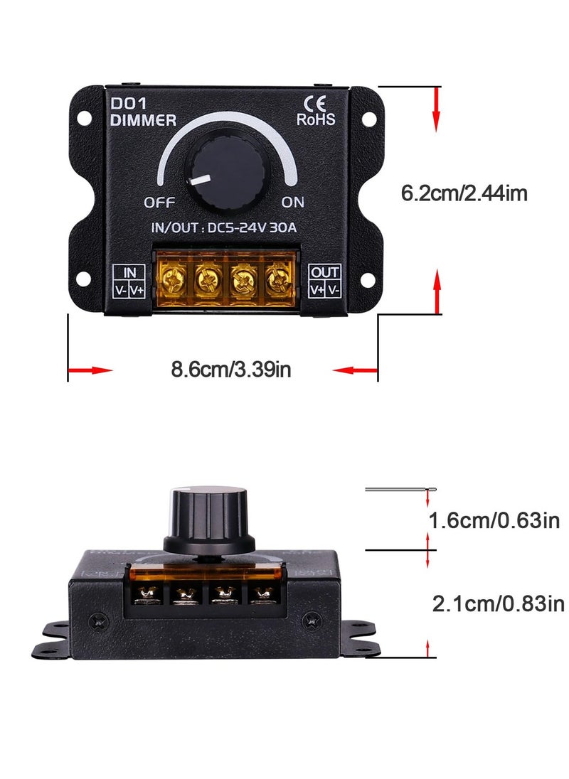 DC 5V to 24V 30A RF LED Light Strip Dimmer, PWM Dimming Controller for LED Strip Lights, Wireless or Knob Brightness Adjustment