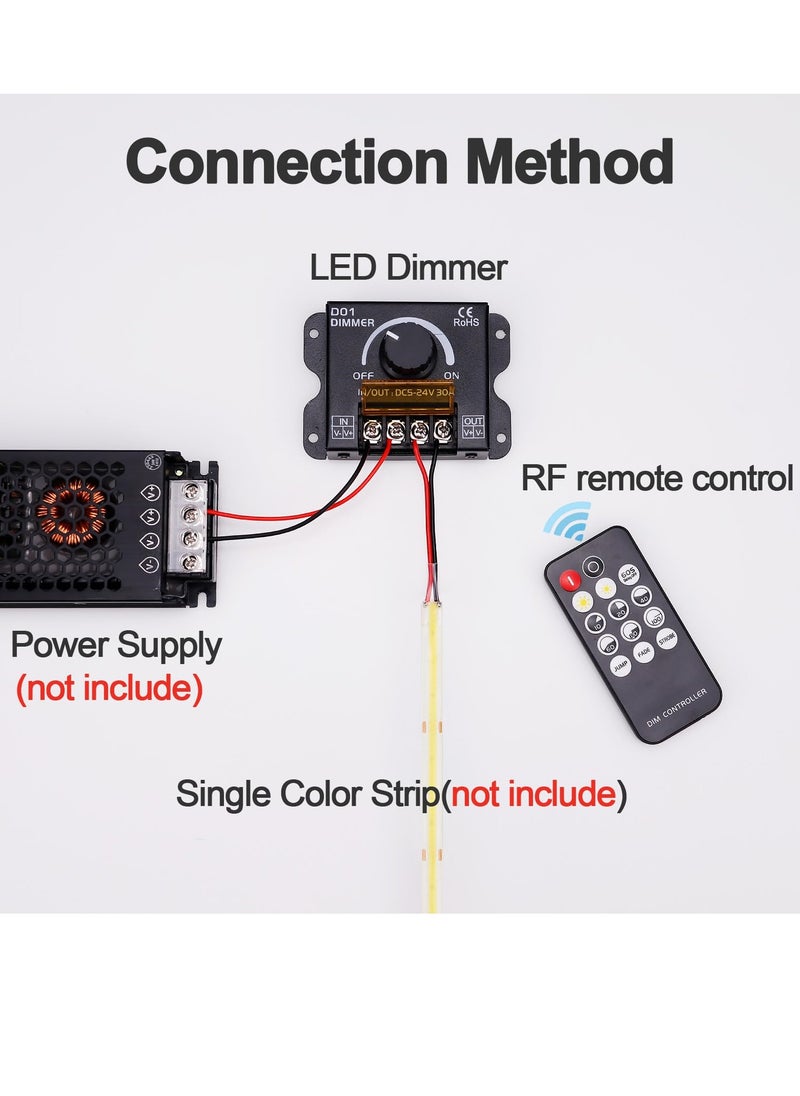 DC 5V to 24V 30A RF LED Light Strip Dimmer, PWM Dimming Controller for LED Strip Lights, Wireless or Knob Brightness Adjustment
