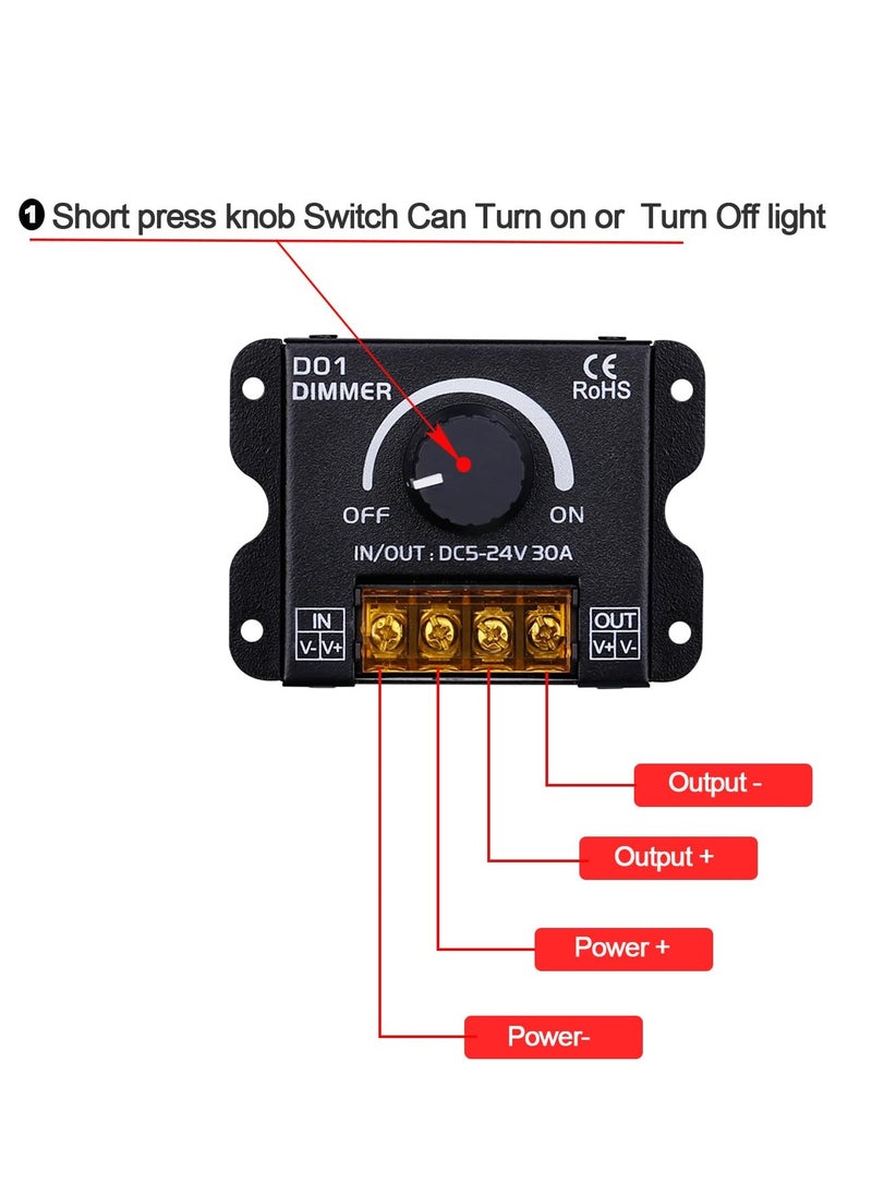 DC 5V to 24V 30A RF LED Light Strip Dimmer, PWM Dimming Controller for LED Strip Lights, Wireless or Knob Brightness Adjustment