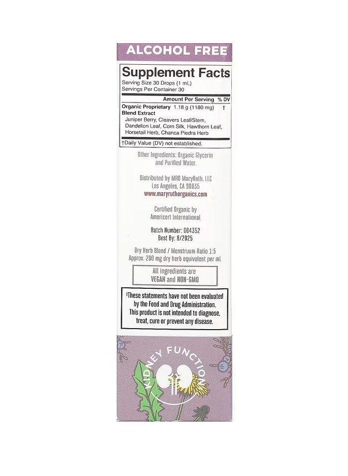 Herbal Supplement Drops, Support Renal and Urinary Systems, Pack of 1, Juniper Berry, Cleavers, Dandelion, Hawthorn, Horsetail and Chanca Piedra, Vegan, Non-GMO, 1 Fluid Ounces