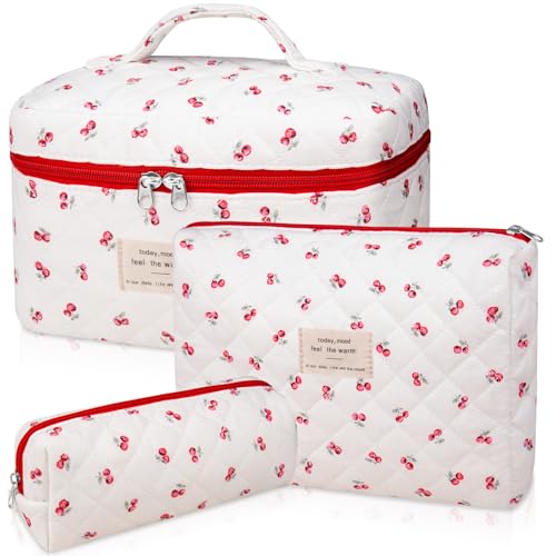 Gosect 3pc Makeup Bag Set, Quilted Makeup Bag Set, Large Floral Cosmetic Bag for Women, Cute Cotton Makeup Bags, Flower Travel Toiletry Organizer Bag (Pink Cherry Flowers) - Image 1