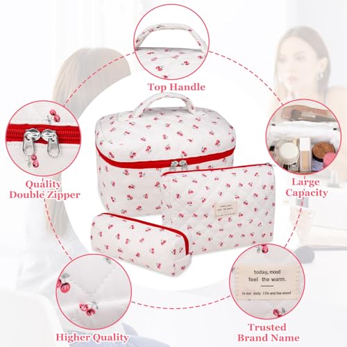 Gosect 3pc Makeup Bag Set, Quilted Makeup Bag Set, Large Floral Cosmetic Bag for Women, Cute Cotton Makeup Bags, Flower Travel Toiletry Organizer Bag (Pink Cherry Flowers) - Image 3