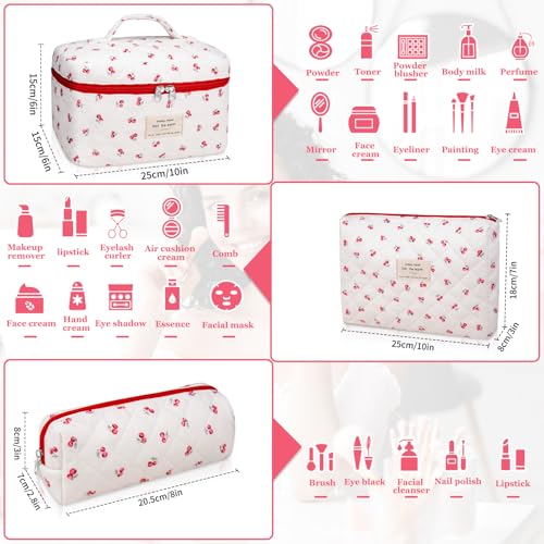 Gosect 3pc Makeup Bag Set, Quilted Makeup Bag Set, Large Floral Cosmetic Bag for Women, Cute Cotton Makeup Bags, Flower Travel Toiletry Organizer Bag (Pink Cherry Flowers) - Image 2