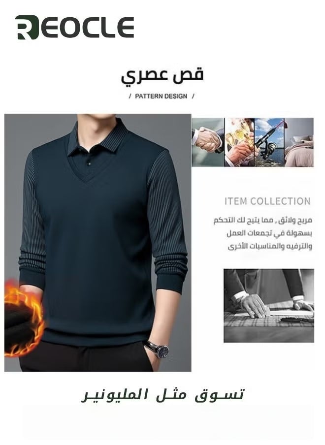 REOCLE Men's Fall Winter Striped Knitted Shirt Casual & Formal Fit Shirt Fake Two-Piece Long-Sleeved Warm Red - Image 2