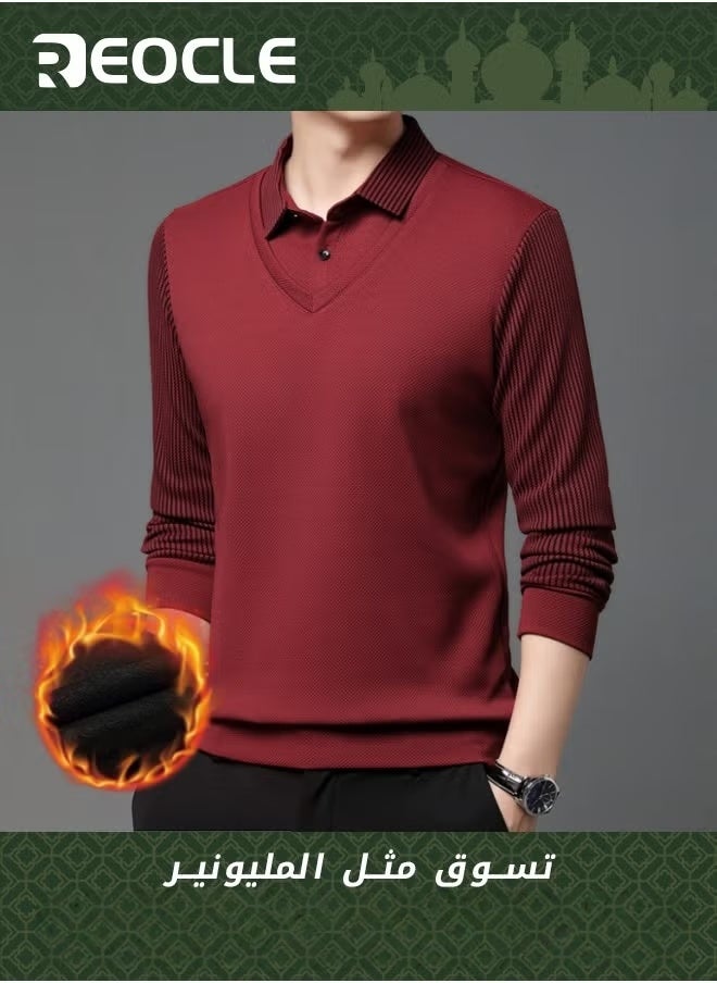 REOCLE Men's Fall Winter Striped Knitted Shirt Casual & Formal Fit Shirt Fake Two-Piece Long-Sleeved Warm Red - Image 1