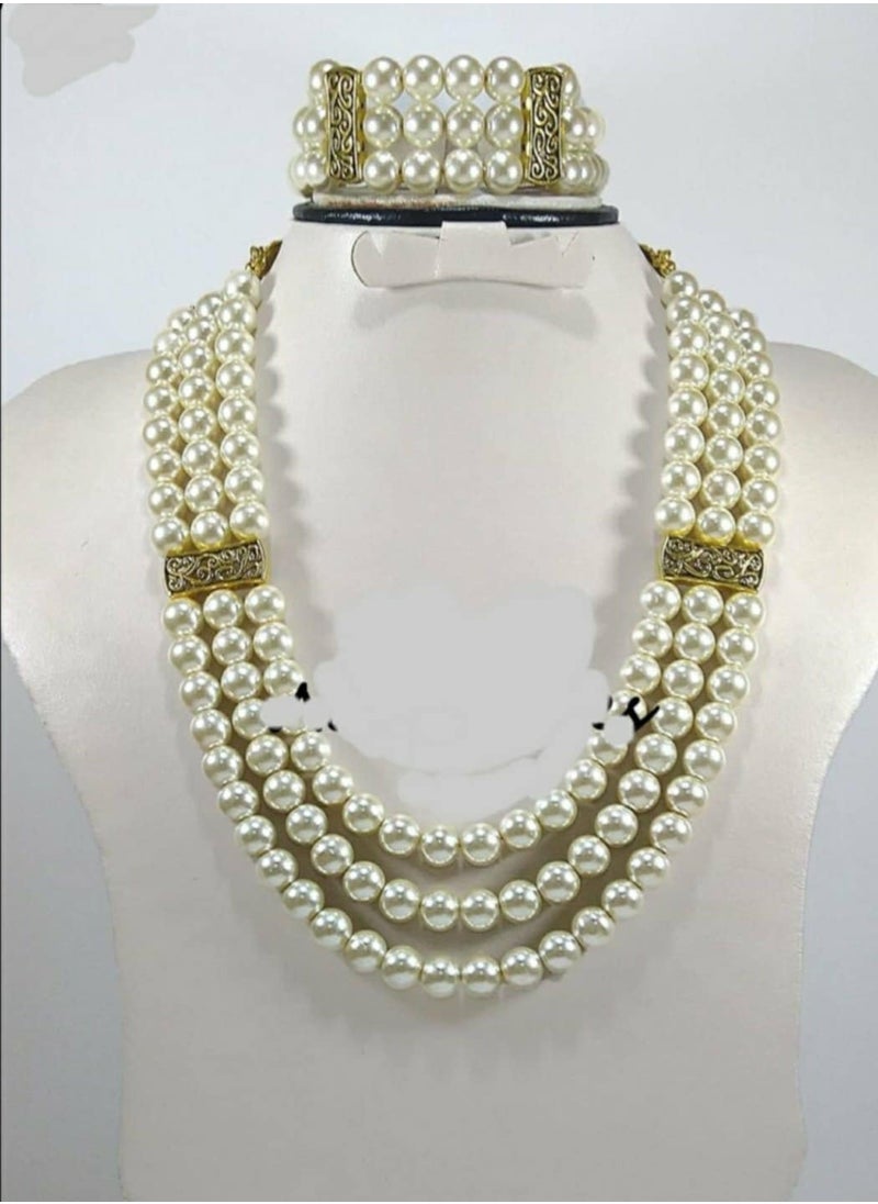 اكسوارات ار ايه طقم عقد و اسورة لؤلؤ (لولى) اوف وايت مع فواصل  معدن ذهبي  - Image 1