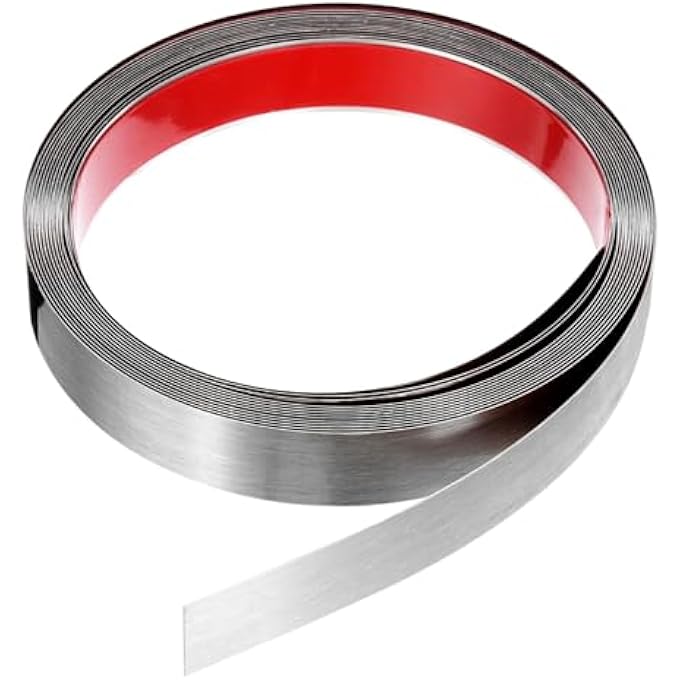 19.7 FT X 0.98 INCH WALL CLADDING FOR STICKING AND ATTACHING FRAME, SELF-ADHESIVE STAINLESS STEEL STRIP WITH BRUSHED SURFACE FOR WALL CEILING CABINET TILE EDGE, SILVER - Image 1