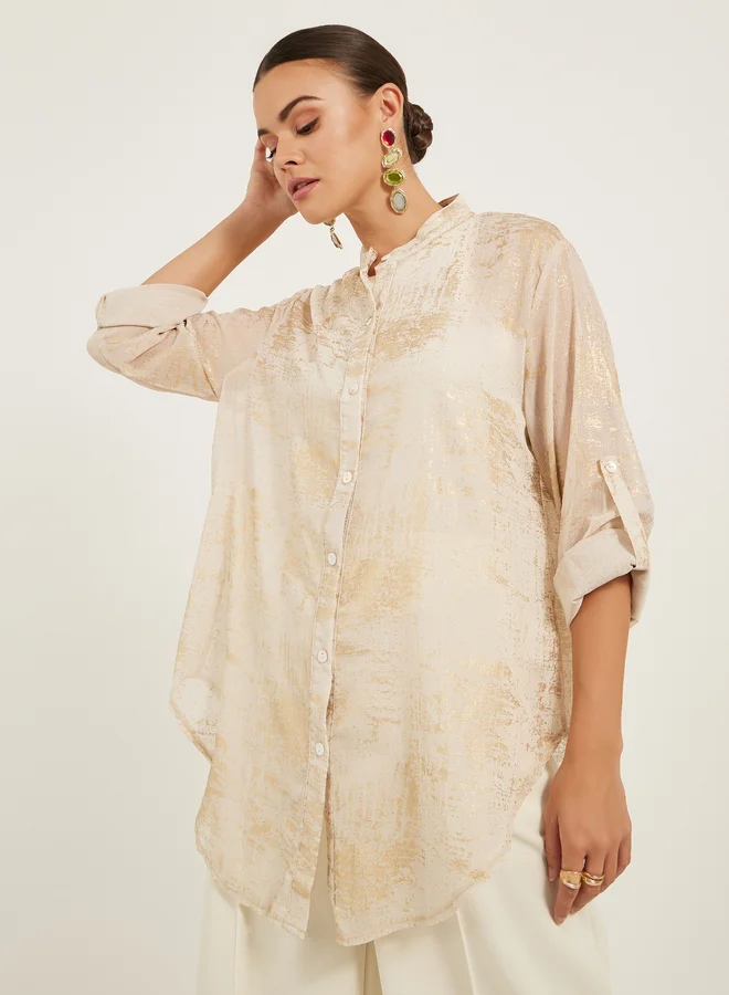 ستايلي Styli Mandarin Collar Roll-Up Sleeve Longline Shirt