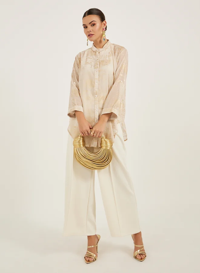 ستايلي Styli Mandarin Collar Roll-Up Sleeve Longline Shirt