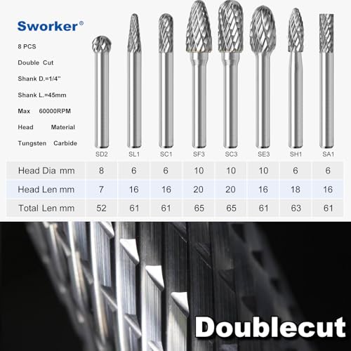 Sworker 8Pcs Carbide Burr Set 1/4 Shank w/Clear Box Max Head Dia 10mm Die Grinder Bits Rotary Tools Attachment Kit Rasp Accessories Metal Wood Stone Steel Grinding Deburring Cutting Porting Carving - Image 2