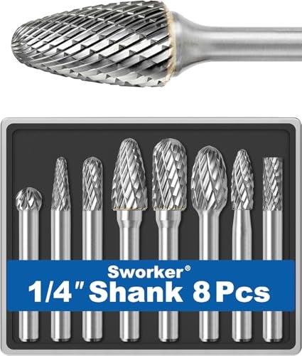Sworker 8Pcs Carbide Burr Set 1/4 Shank w/Clear Box Max Head Dia 10mm Die Grinder Bits Rotary Tools Attachment Kit Rasp Accessories Metal Wood Stone Steel Grinding Deburring Cutting Porting Carving - Image 1