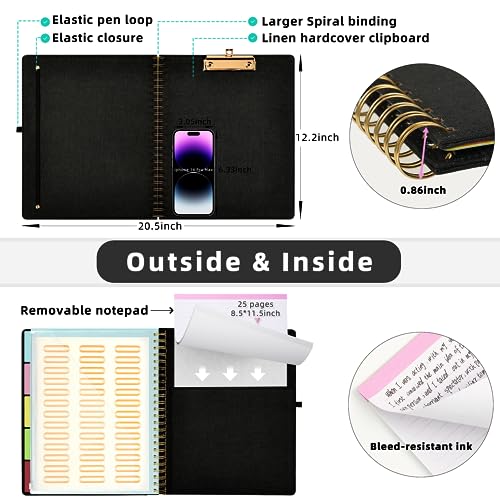 Ospelelf Black Foldable Spiral Clipboard Folio with Storage Zipper Pouch, 5 Plastic Folders with 10 Pockets,Refillable Lined Notepad (11" x 8.5"), Hardcover Project Organizer with 39 Stickers - Image 3