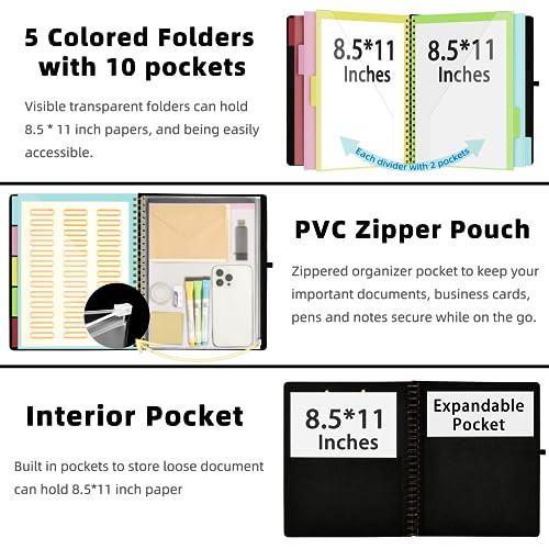 Ospelelf Black Foldable Spiral Clipboard Folio with Storage Zipper Pouch, 5 Plastic Folders with 10 Pockets,Refillable Lined Notepad (11" x 8.5"), Hardcover Project Organizer with 39 Stickers - Image 2