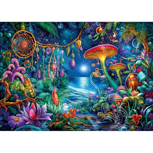 Blueforest Fantasy 1000 Piece Puzzle for Adults Enchanted Garden Night Scene with Glowing Mushrooms Challenging Art Jigsaw Puzzle 1000 Pieces Framable Wall Art 275 x 196 - Image 1