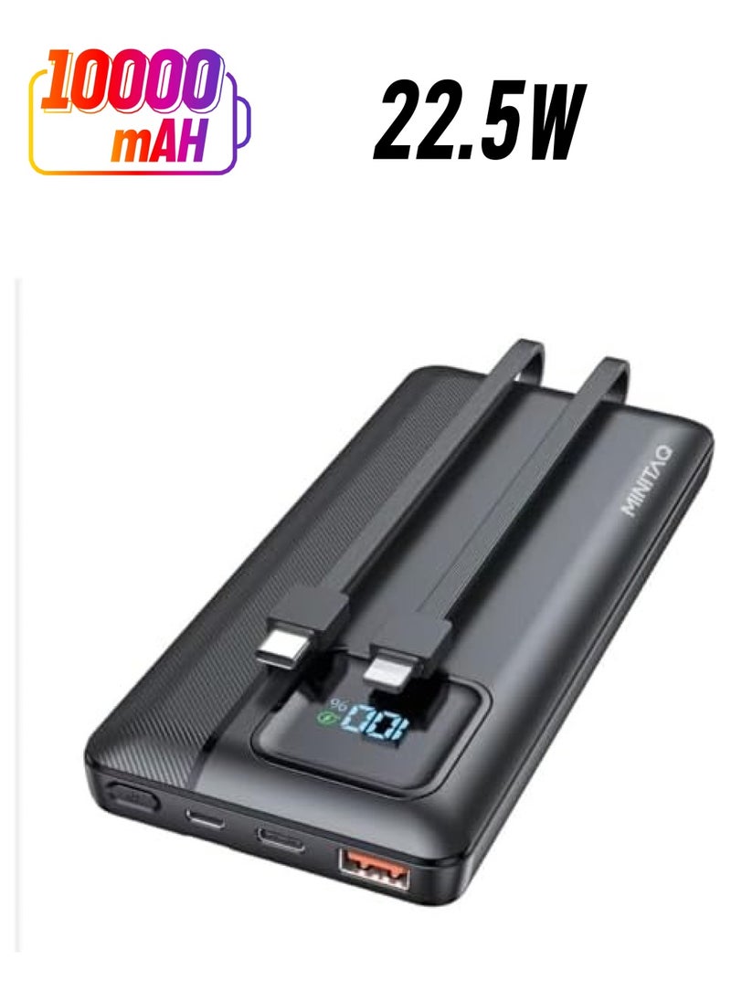 MINITAQ - Power Bank Portable Charger 10000mAh 22.5W Fast Charging Mini Powerbank with Built in USB C and IOS Cables, Mobile Phones Battery Pack for iPhone Android iPad with USB C, Micro USB - Image 1