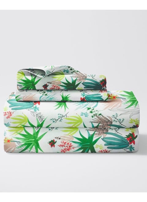 Flat Bedsheet Set Leafy Print - High Quality 100% Cotton 144 TC Light Weight - Everyday Use 1 Bed Sheet And 2 Pillow Cases Printed Sizes Single Queen King