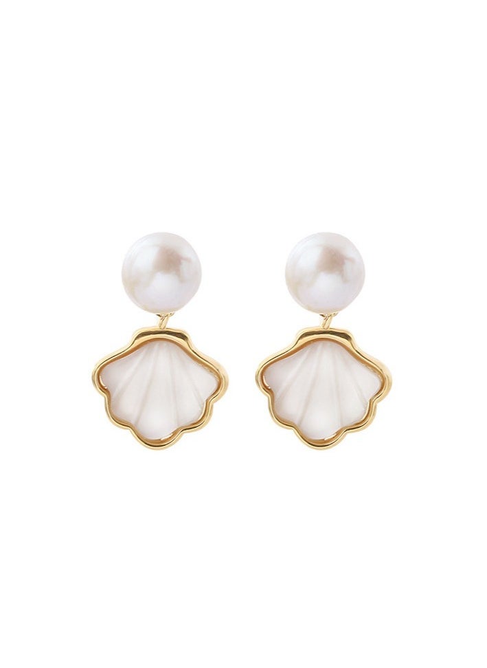 xozgdovg Sterling silver shell freshwater pearl earrings  - Image 1