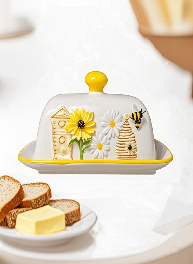 HAN SHENG Ceramic Butter Dish with Lid - Airtight Butter Keeper & Honeycomb Embossed Design - Farmhouse Countertop Storage, Rustic Kitchen Decor, Bee Garden Gift for Butter Lovers - Image 5