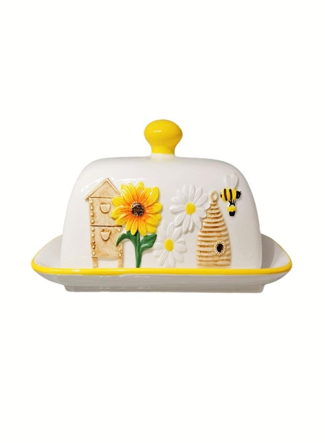 HAN SHENG Ceramic Butter Dish with Lid - Airtight Butter Keeper & Honeycomb Embossed Design - Farmhouse Countertop Storage, Rustic Kitchen Decor, Bee Garden Gift for Butter Lovers - Image 1