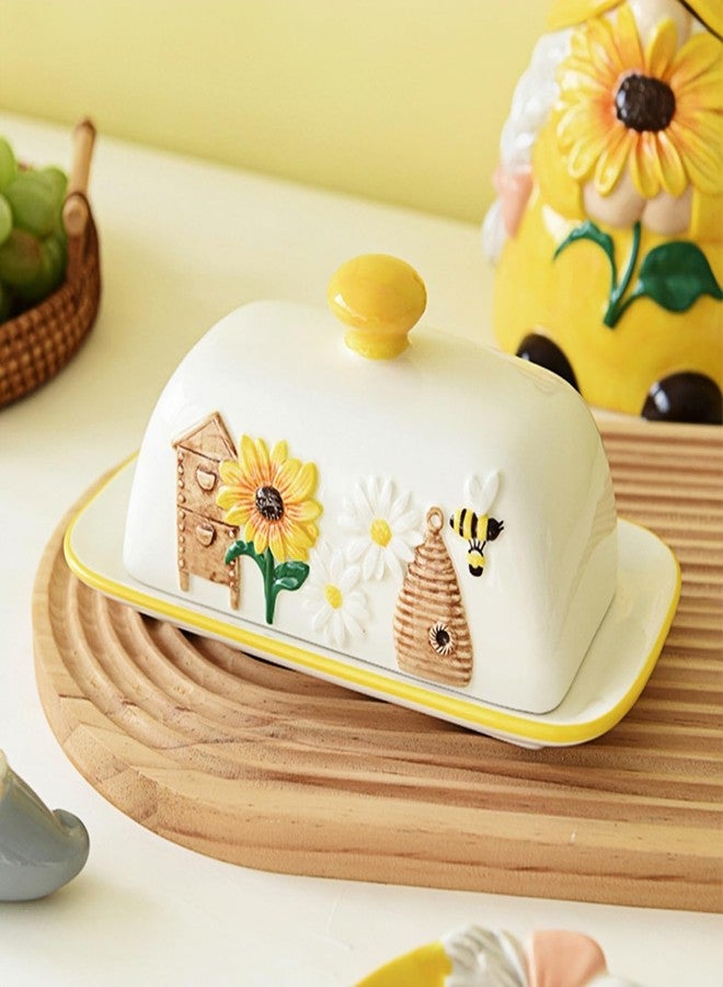 HAN SHENG Ceramic Butter Dish with Lid - Airtight Butter Keeper & Honeycomb Embossed Design - Farmhouse Countertop Storage, Rustic Kitchen Decor, Bee Garden Gift for Butter Lovers - Image 4