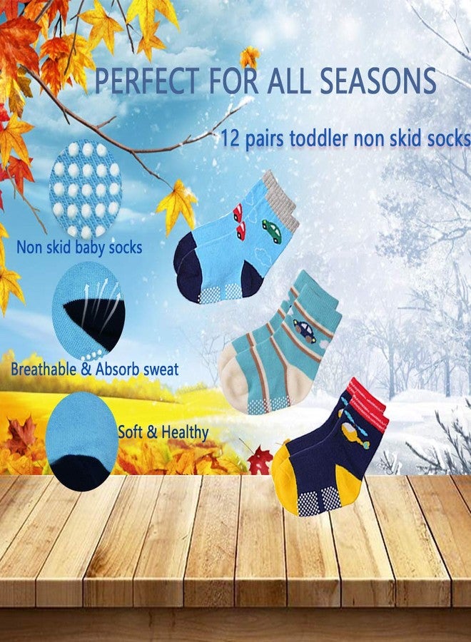 Tphon 12 Pairs Toddler Non Skid Socks with Grips, Anti Slip Bottom, Cotton Non Slip Ankle Crew Socks for Boys, Girls, Kids (3-5 Years) - Image 4