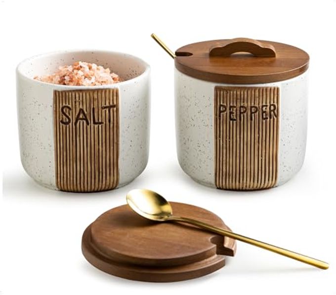 YHOJOY Salt and Pepper Bowl Ceramic, 10 Oz Salt and Pepper Cellar with Lid and Spoon, Farmhouse Salt Containers for Countertop, White