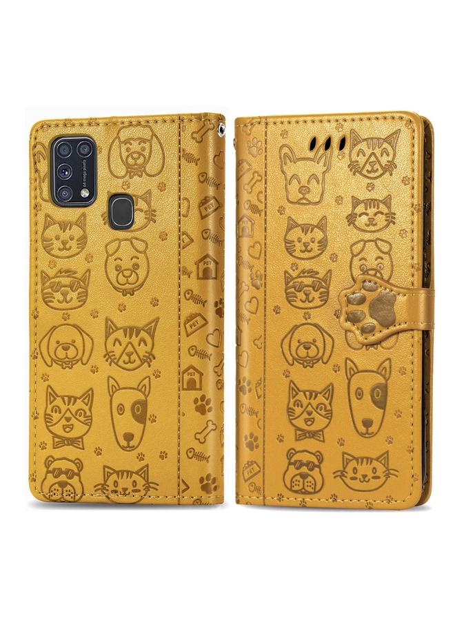 اس-توب جراب لهاتف Galaxy M31 من الجلد المنقوش بشكل قطة وكلب لطيف مع حامل / فتحة بطاقة / محفظة / حبل تعليق - Image 2