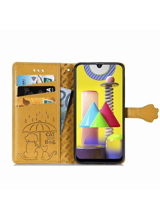 اس-توب جراب لهاتف Galaxy M31 من الجلد المنقوش بشكل قطة وكلب لطيف مع حامل / فتحة بطاقة / محفظة / حبل تعليق - Image 3