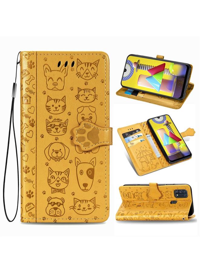 اس-توب جراب لهاتف Galaxy M31 من الجلد المنقوش بشكل قطة وكلب لطيف مع حامل / فتحة بطاقة / محفظة / حبل تعليق - Image 1