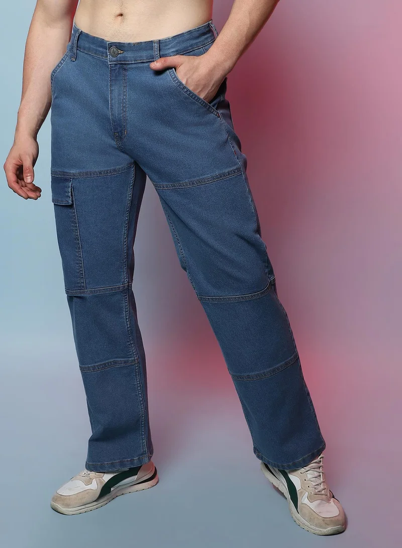 Men's Prussian Blue Panel Patch Pocket Denim Jeans