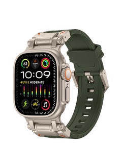 Sports Liquid Silicone Rubber Band with Stainless Steel Adapter for Apple Watch Ultra 1/2 49mm 45mm 44mm 42mm Men, Durable Armor Designed Strap- Green