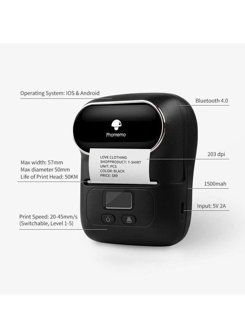 Phomemo M110 Portable Thermal Label Printer Bluetooth Connection Apply For Labeling Shipping Office Cable Retail Barcode And More Black