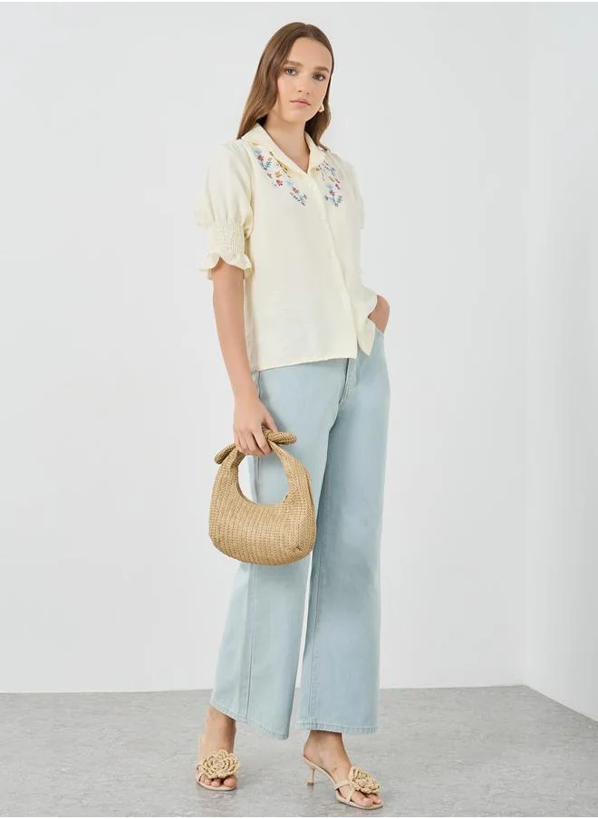 تايك تو Take Two Embroidered Short Sleeve Regular Fit Shirt with Smocked Cuffs