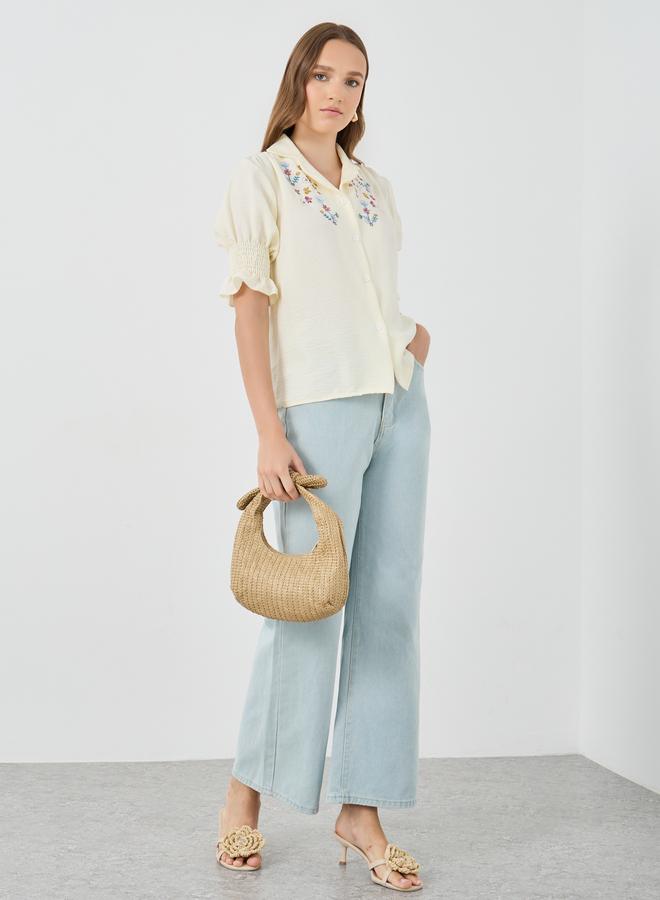 Take Two Embroidered Short Sleeve Regular Fit Shirt with Smocked Cuffs - Image 2