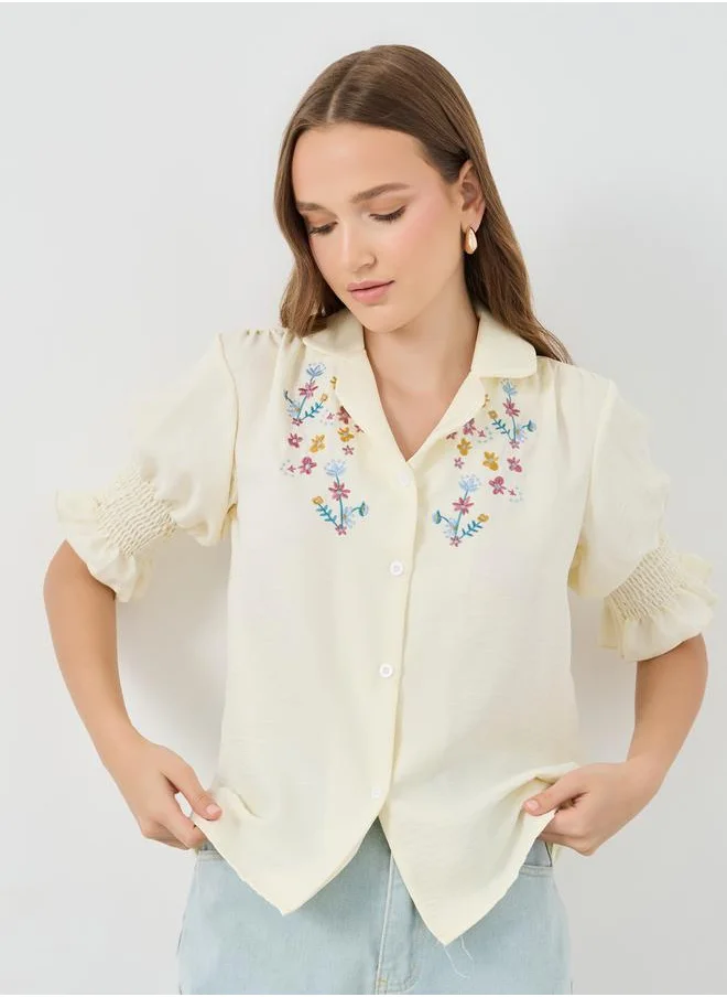 تايك تو Take Two Embroidered Short Sleeve Regular Fit Shirt with Smocked Cuffs