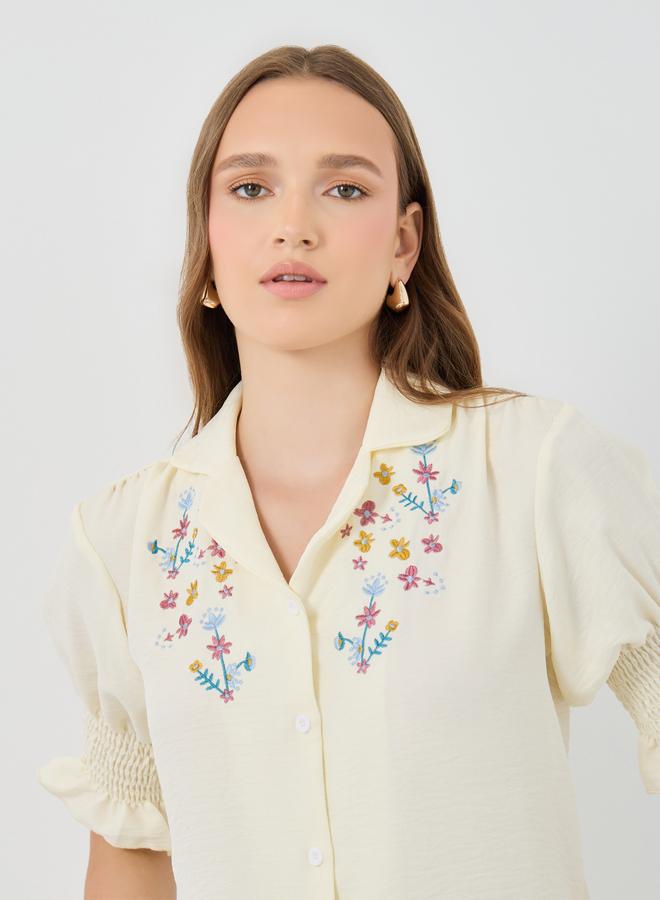 Take Two Embroidered Short Sleeve Regular Fit Shirt with Smocked Cuffs - Image 3