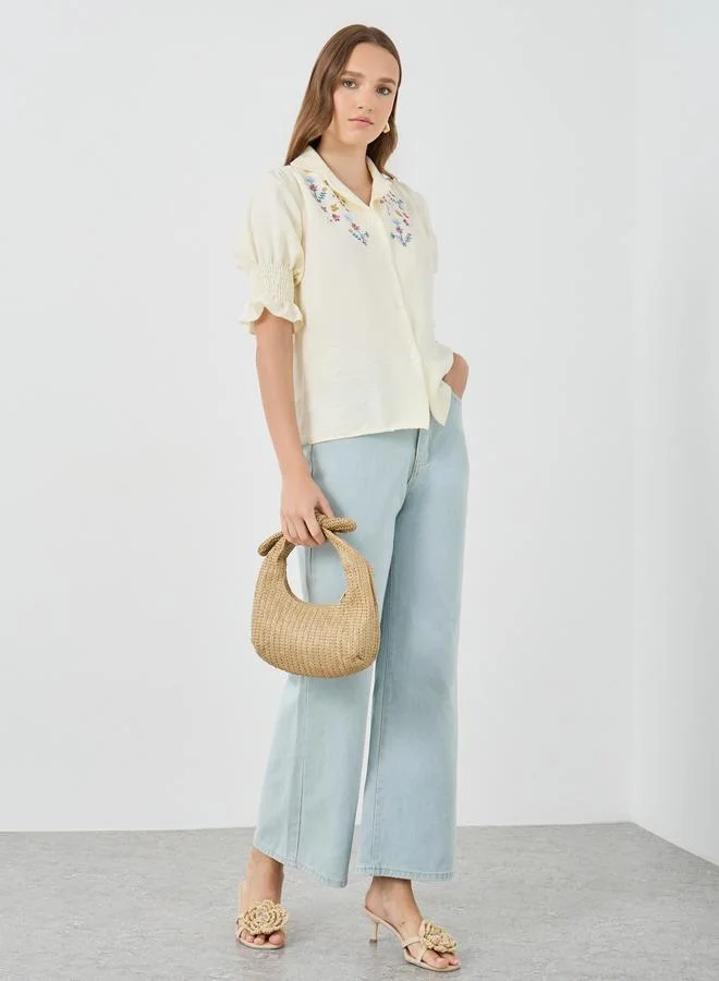 Take Two Embroidered Short Sleeve Regular Fit Shirt with Smocked Cuffs