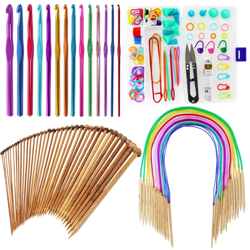EXQUISS 18 Pairs Circular Wooden Knitting Needles Set With Colored Tube, 36 Pcs Single Pointed Bamboo Needles, 14 Pcs Aluminum Crochet Hooks Set Include Crochet Kits - Image 1