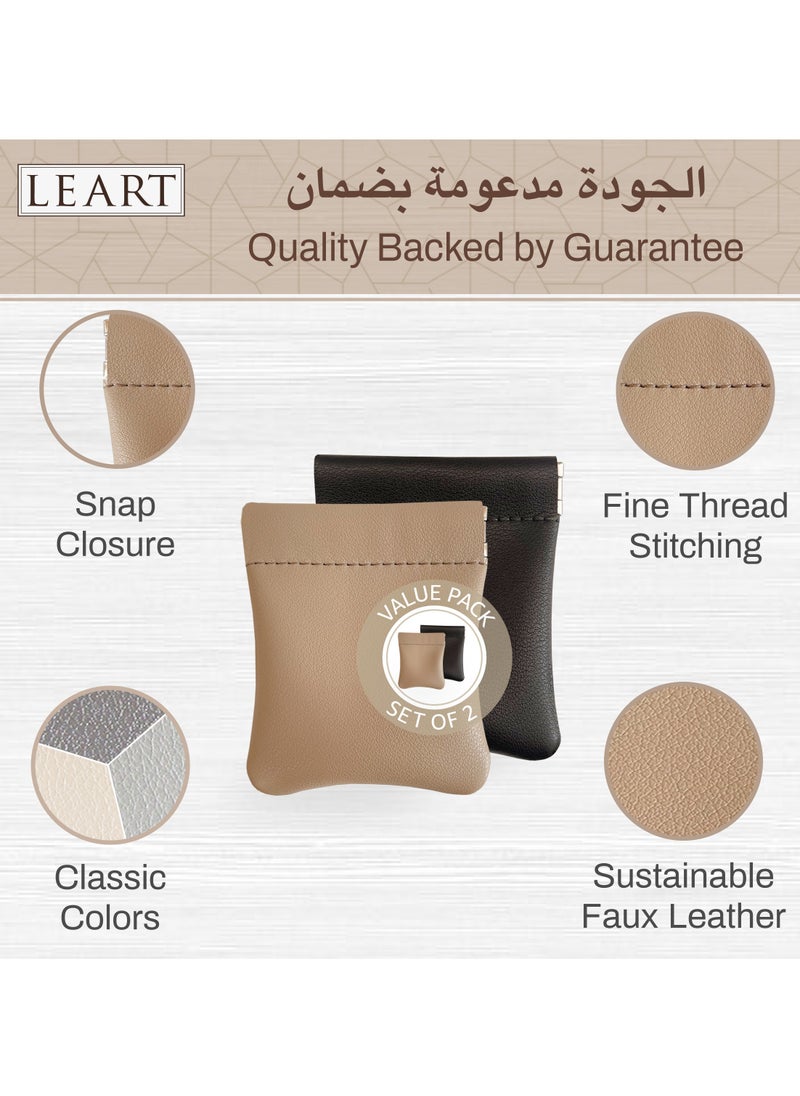 Leather Squeeze Coin Pouch for Men & Women | Coin Purse | Coin Holder | For Coins, Keys, Earphones, Cards, AirPods, Rosary | Great Gifting Option (Black & Tan | Set of 2)