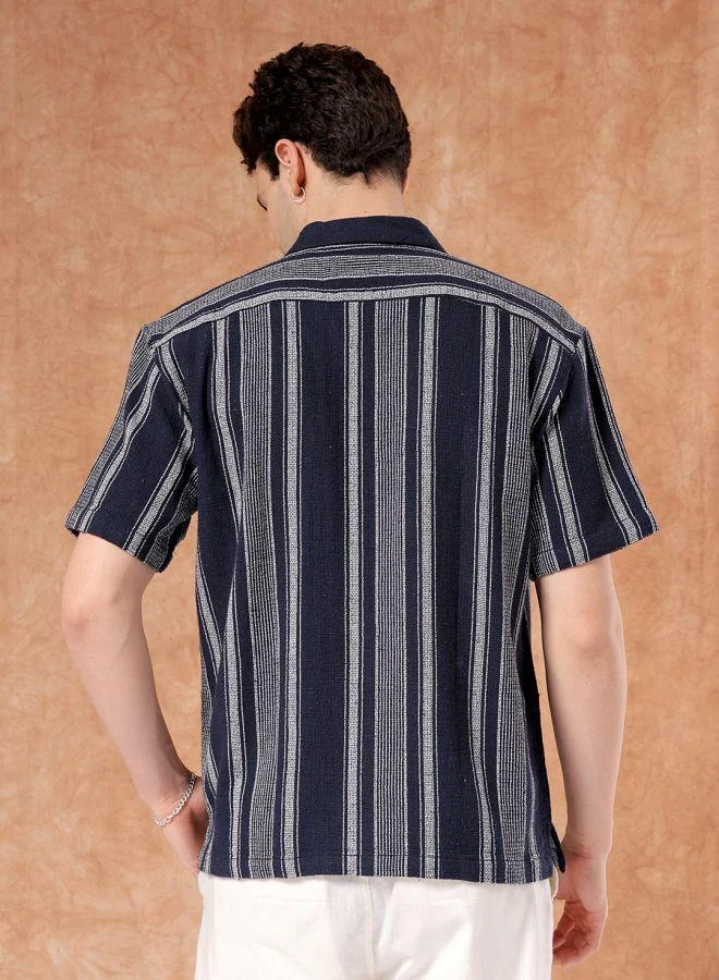The Indian Garage Co Men Relaxed Fit Striped Half Sleeves Cuban Collar Resort Wear Shirt