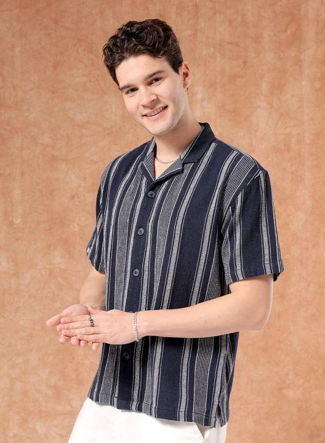 The Indian Garage Co Men Relaxed Fit Striped Half Sleeves Cuban Collar Resort Wear Shirt