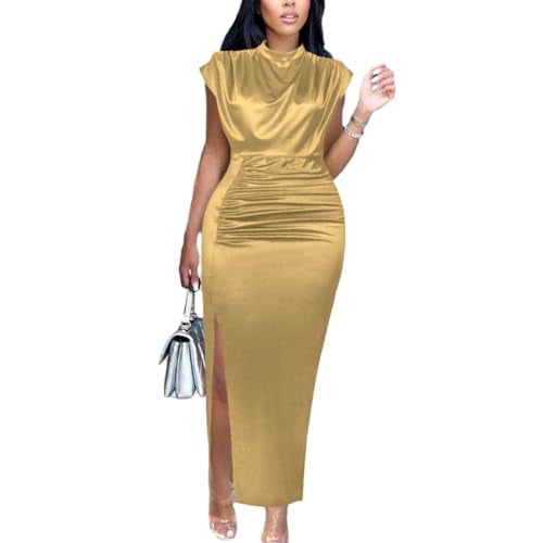 AOMEI Women's Sleeveless Pleated High Waist Ruched Slit Slim Elegant Long Satin Dress (Gold,L) - Image 1