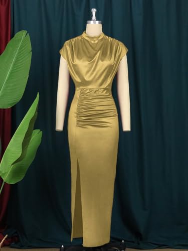 AOMEI Women's Sleeveless Pleated High Waist Ruched Slit Slim Elegant Long Satin Dress (Gold,L) - Image 3
