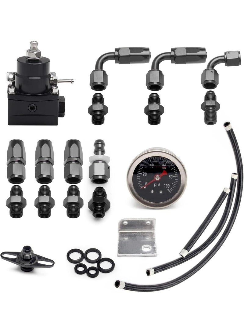 مجموعة منظم ضغط الوقود EFI العالمي القابل للتعديل من  مع مقياس 0-100 رطل لكل بوصة مربعة AN6-6AN ومجموعة موصلات تركيب خرطوم خط الوقود باللون الأسود (اللون: أسود)