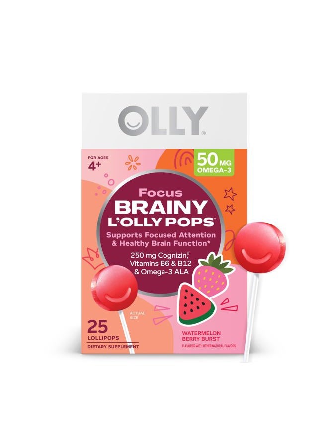 OLLY Focus Buddies L'OLLY Pops, Cognizin, Vitamins B6 and B12, Omega-3 ALA, Supports Focused Attention and Healthy Brain Function,* Kids 4+ Dietary Supplement, Watermelon Strawberry Flavored, 25 Count - Image 1