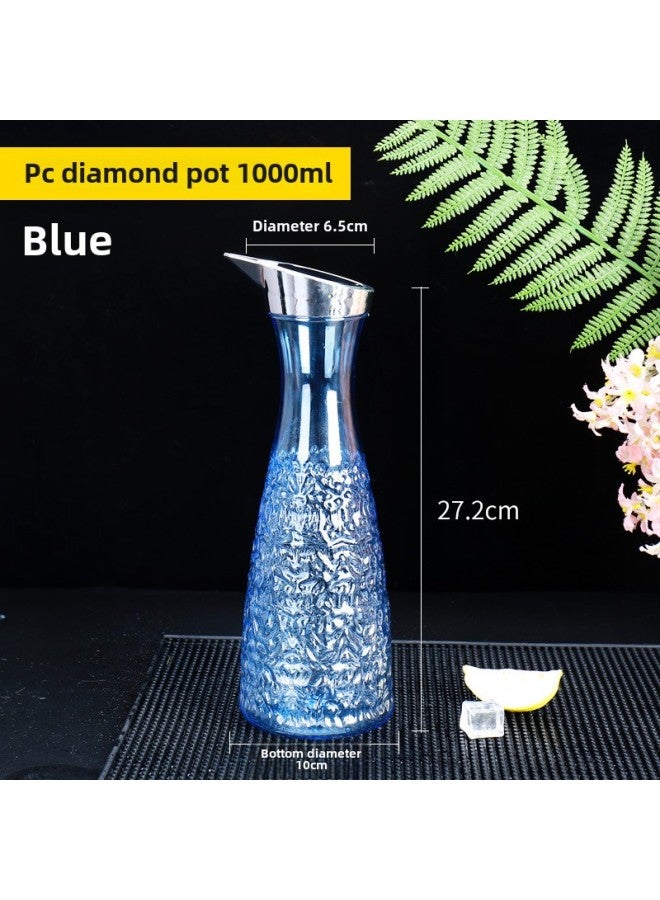 Loquat Plastic PC Diamond Pattern Tie Pot Multicolor Transparent Drop Resistant Household Commercial Cold Water Juice Pot High Temperature Resistant Tie Pot-Color:Pc Diamond Pot 1000ml Blue - Image 1